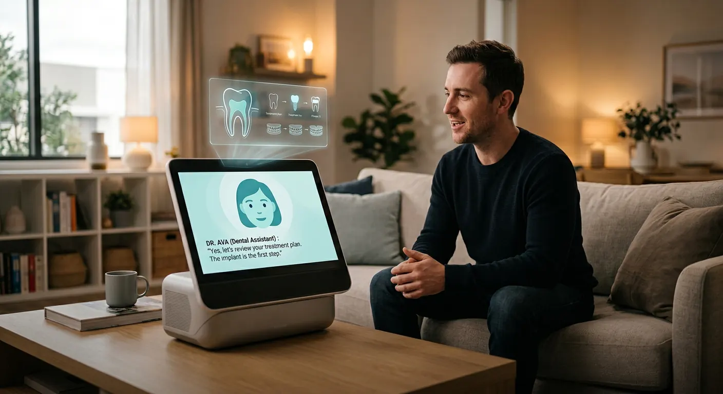Patient at home talking to the GiGi AI dental assistant on a smart display about his treatment plan