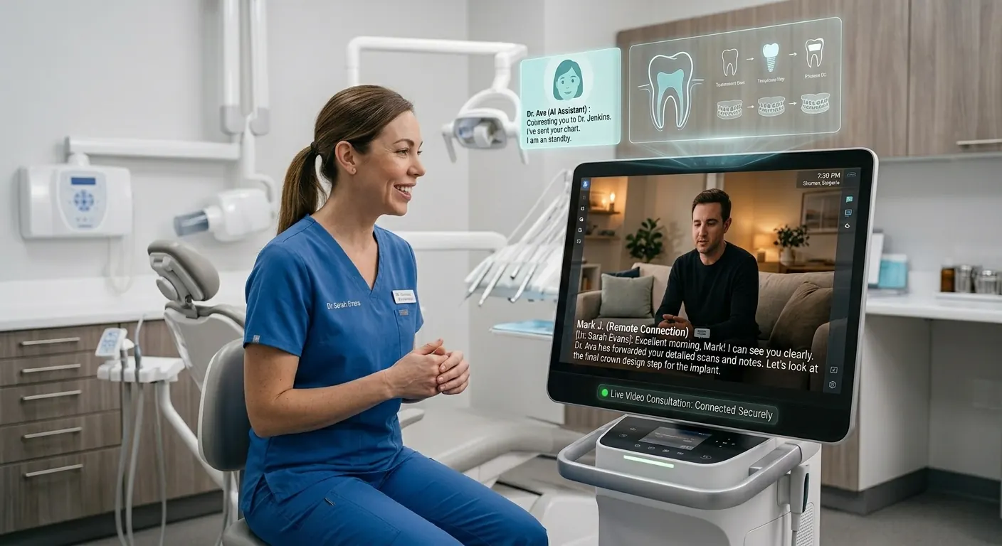 Dentist smiling during a remote consultation after the AI assistant shared the patient chart
