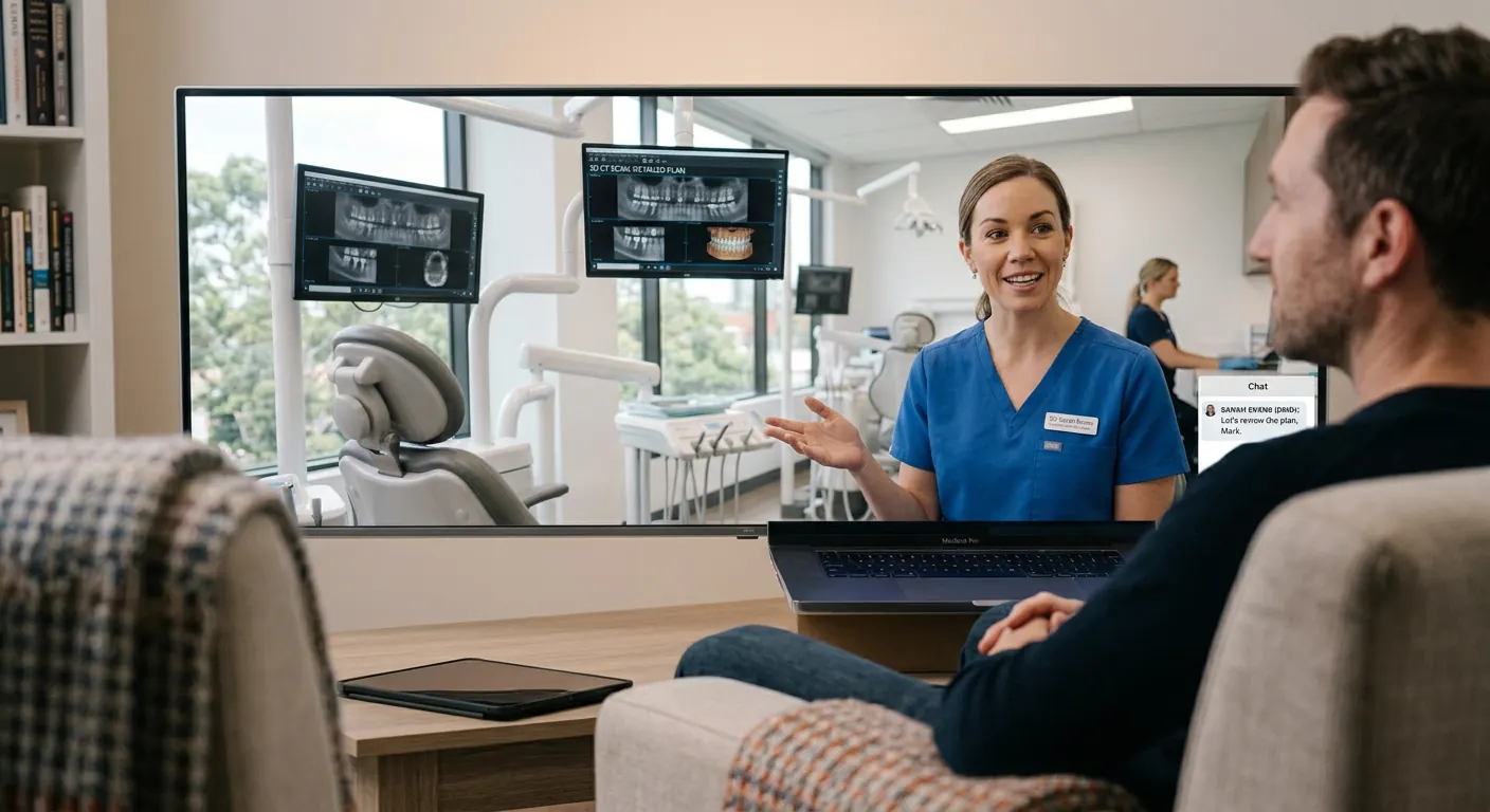 Patient at home reviewing 3D dental scans with his dentist over a video call